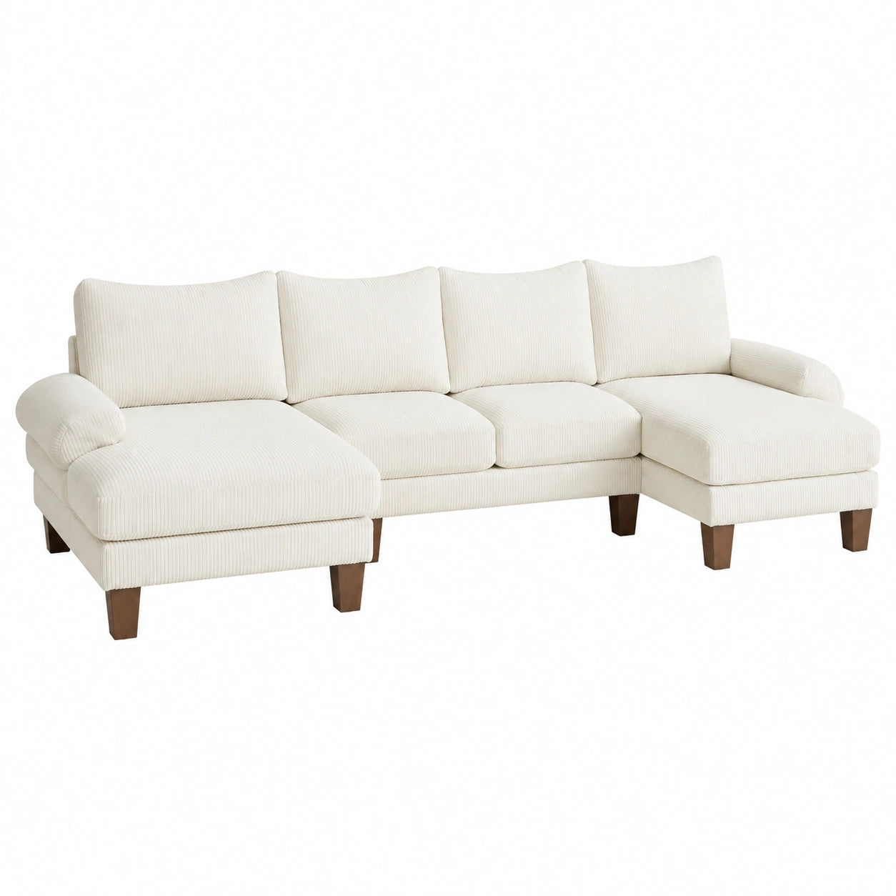 Canapé d’angle, en velours côtelé, avec 2 chaise, convertible, coloris beige, 4 places, 283 x 123 x 84 cm, pour le salon
