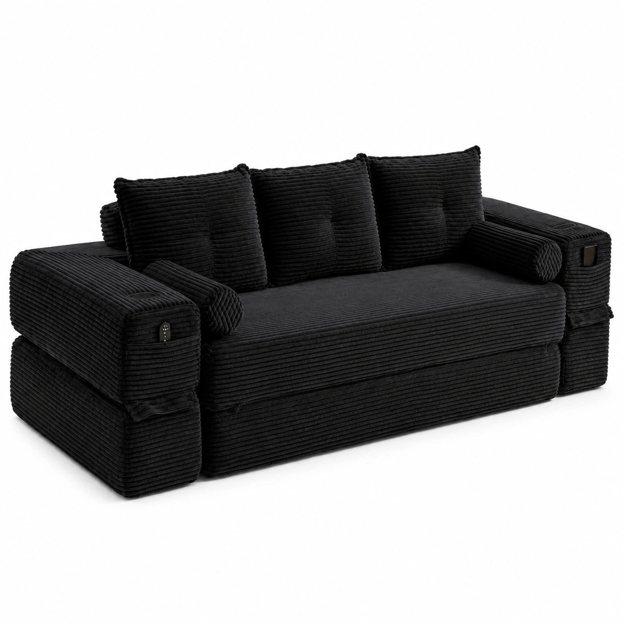 Canapé convertible, modulable, avec rangement, en velours côtelé, coloris noir, pour le salon ou la chambre d’amis